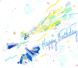  1girl abstract aqua_hair blonde_hair blue_hair blue_skirt blue_sleeves commentary_request cowboy_shot floating_hair green_necktie happy_birthday hatsune_miku headphones highres masking_tape_(medium) mixed_media necktie open_mouth outstretched_arm profile reaching ryono shirt skirt sleeveless sleeveless_shirt solo star_(symbol) traditional_media unconventional_media vocaloid white_background white_shirt 