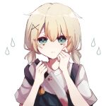  1boy bangs blonde_hair blood blood_on_knife blood_on_weapon blue_eyes cat_button crying crying_with_eyes_open frown hair_ornament hairclip hand_on_own_cheek hand_on_own_face highres holding holding_knife kitsunemiyoru knife looking_at_viewer low_twintails male_focus original otoko_no_ko overalls shirt short_hair short_sleeves solo strap_slip t-shirt tears twintails weapon x_hair_ornament 