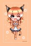 1girl animal_costume animal_ears blue_eyes bow bowtie caracal_(kemono_friends) caracal_ears elbow_gloves gloves highres hikarikmy kemono_friends kemono_friends_v_project long_hair looking_at_viewer microphone one_eye_closed open_mouth orange_hair shirt skirt sleeveless sleeveless_shirt smile solo tail virtual_youtuber