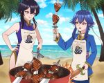  +_+ 2girls :d absurdres apron bad_source barbecue black_hair blue_hair commission commissioner_upload cooking fire_emblem fire_emblem:_genealogy_of_the_holy_war fire_emblem_heroes food grill grilling headband highres larcei_(fire_emblem) looking_at_another mari48240422 meat multiple_girls open_mouth original short_hair smile steak sword violet_eyes weapon white_apron white_headband 