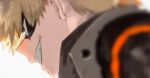  1boy akiyama_youkou bakugou_katsuki black_mask blonde_hair blurry boku_no_hero_academia close-up eye_mask from_side grin highres male_focus mask red_eyes short_hair simple_background sketch smile solo solo_focus spiky_hair teeth white_background 