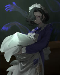  1girl absurdres apron black_hair black_ribbon blanket dark dark_background disembodied_hand dress flower hair_over_one_eye highres holding holding_blanket key looking_at_viewer maid maid_headdress neck_flower neck_ribbon one_eye_covered ootamu pink_eyes purple_dress purple_flower reverse:1999 ribbon short_hair solo swaddled tuesday_(reverse:1999) upper_body white_apron 