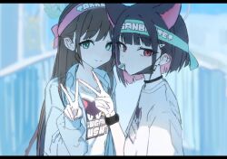  2girls airi_(band)_(blue_archive) airi_(blue_archive) animal_ears animal_print black_hair black_mask blue_archive blue_jacket brown_hair cat_ears cat_girl cat_print closed_mouth colored_inner_animal_ears colored_inner_hair extra_ears green_eyes green_hairband hairband highres jacket kazusa_(band)_(blue_archive) kazusa_(blue_archive) long_hair mouth_hold multicolored_hair multiple_girls official_alternate_costume pink_eyes pink_hair pink_hairband plectrum plectrum_in_mouth s0lari_sub shirt short_hair sidelocks smile t-shirt two-tone_hair upper_body v white_shirt wristband 