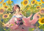  1girl black_sash blue_sky brown_hair chi_lian_(qin_shi_ming_yue) chi_lian_qiju_zhu dress flower hair_ornament highres jewelry necklace open_mouth outstretched_arms pink_dress ponytail qin_shi_ming_yue sash sky solo sparkle spread_arms sunflower teeth 