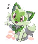 :d fangs flower full_body gen_9_pokemon highres komame_(st_beans) musical_note no_humans open_mouth pink_flower pokemon pokemon_(creature) red_eyes sitting smile solo sprigatito symbol-only_commentary tongue