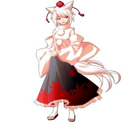  1girl alphes_(style) animal_ear_fluff animal_ears commentary_request dairi detached_sleeves full_body half-closed_eyes hat inubashiri_momiji large_variant_set leaf_print long_skirt looking_at_viewer maple_leaf_print open_mouth parody pom_pom_(clothes) red_eyes sandals short_hair skirt socks solo standing straight-on style_parody tachi-e tail tokin_hat touhou transparent_background turtleneck variant_set white_hair white_socks wolf_ears wolf_girl wolf_tail 