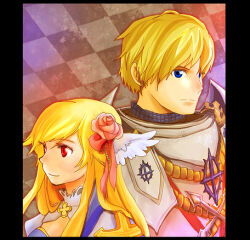  1boy 1girl arch_bishop_(ragnarok_online) armor black_border blonde_hair blue_eyes border breastplate chainmail closed_mouth commentary_request cross cross_of_prontera dress feathered_wings flower hair_flower hair_ornament head_wings lautrec_v long_hair looking_afar looking_at_viewer lowres pauldrons pink_flower pink_rose ragnarok_online red_eyes rose royal_guard_(ragnarok_online) short_hair shoulder_armor smile upper_body white_dress white_wings wings 