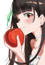  1girl absurdres apple bare_shoulders black_hair blunt_bangs brown_eyes choker closed_mouth collarbone food fruit highres holding holding_food holding_fruit jyuunen-kun light_blush long_hair looking_at_viewer make_heroine_ga_oo_sugiru! nukumizu_kaju one_eye_closed portrait profile solo strapless white_choker 
