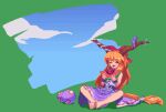  1girl :d bangs barefoot blue_sky bow closed_eyes clouds fangs food green_background hair_bow holding holding_food horn_ornament horn_ribbon horns ibuki_suika indian_style long_hair low-tied_long_hair open_mouth orange_hair pixel_art potemki11 purple_skirt red_bow ribbon ribbon-trimmed_skirt ribbon_trim shirt sitting skin_fangs skirt sky smile solo touhou very_long_hair watermelon_slice white_shirt wrist_cuffs 