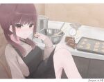  1girl cookie eating food fujina_(fujina31q) highres holding holding_food kitchen original solo tagme 