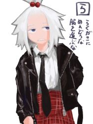  1girl alternate_costume arm_at_side black_jacket black_necktie blue_eyes collared_shirt commentary_request flat_chest forehead hair_bobbles hair_ornament half-closed_eyes highres jacket kurashina_(krsn_poke324) long_sleeves looking_to_the_side necktie open_clothes open_jacket parted_lips plaid_clothes plaid_skirt pocket pokemon pokemon_bw2 red_skirt roxie_(pokemon) shirt shirt_tucked_in short_hair sidelocks simple_background skirt solo standing teeth topknot translation_request upper_body white_background white_hair white_shirt 