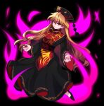  1girl aura black_background black_dress black_footwear black_headwear blonde_hair chinese_clothes closed_mouth commentary_request crescent dress energy full_body highres junko_(touhou) long_hair long_sleeves orange_hair patterned_clothing pekepeke_(toho_jk) phoenix_crown pom_pom_(clothes) red_eyes red_sash red_tabard sash simple_background solo tabard touhou very_long_hair wide_sleeves 
