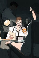  4boys beard_stubble black_necktie brown_eyes brown_hair chinese_commentary collared_shirt commentary cup dingnin98201637 doughnut facial_hair food glasses highres holding holding_cup holding_donut holding_food holding_paper indoors male_focus marvel miguel_o&#039;hara multiple_boys necktie on_chair open_mouth paper peter_b_parker profile red_eyes shirt smile spider-man:_across_the_spider-verse spider-man_(series) spider-man_noir spider-verse stubble sweatdrop vest white_shirt 