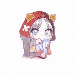  1girl animal_hood apex_legends bangs black_hair black_scarf blue_eyes blush cat_hood chibi first_aid_kit gloves hellcat_wraith holding hood iroha_(mimi0618xx) jacket official_alternate_costume parted_bangs red_gloves red_jacket scarf solo tearing_up upper_body wraith_(apex_legends) 