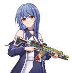  1girl apex_legends assault_rifle belt blue_choker blue_hair blue_jacket choker collarbone dress grey_belt gun head_tilt holding holding_gun holding_weapon jacket off_shoulder orange_eyes original parted_lips r-301_carbine rifle smile solo symbol-only_commentary trigger_discipline weapon white_background white_dress zran 