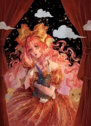  1girl absurdres argyle_bow bead_bracelet bead_necklace beads black_background bow bracelet brown_eyes character_doll clouds cowboy_shot crimson_rhapsody_(infinity_nikki) curtains doll dress esseling_(infinity_nikki) expressionless eyelashes facepaint felispirit_sack_(infinity_nikki) frilled_sleeves frills gown hair_bow hand_up head_tilt heart highres hime_lolita holding holding_stuffed_toy infinity_nikki jewelry lace-trimmed_sleeves lace_trim large_bow light_particles lipstick lolita_fashion long_hair looking_ahead makeup multiple_hair_bows necklace nikki_(nikki) nikki_(series) off-shoulder_dress off_shoulder parted_bangs parted_lips pink_hair puffy_short_sleeves puffy_sleeves red_bow red_dress red_lips red_ribbon red_wrist_cuffs ribbon sea0 short_sleeves sidelocks solo stuffed_animal stuffed_toy teddy_bear two-tone_bow two-tone_wrist_cuffs very_long_hair wavy_hair white_wrist_cuffs wrist_cuffs wrist_ribbon yellow_bow 