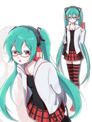  aqua_hair bag black_bag black_shirt black_stripes frown glasses hair_ornament hatsune_miku headphones highres hood hoodie hoshiwo_tadoru phone plaid_clothes plaid_skirt red-framed_eyewear red_eyes red_shoes red_skirt red_stripes shirt shoes shoulder_bag skirt striped_clothes striped_thighhighs thigh-highs twintails vocaloid white_background white_hoodie 