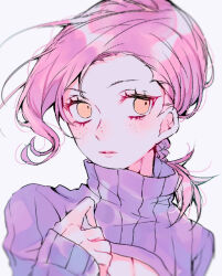  1boy androgynous blurry braid cleavage_cutout clothing_cutout cyakkorotan depth_of_field eyelashes highres jojo_no_kimyou_na_bouken looking_at_viewer male_focus orange_eyes pectoral_cleavage pectorals pink_hair purple_sweater ribbed_sweater simple_background sweater vento_aureo vinegar_doppio 