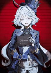 1girl absurdres ascot black_ascot blue_coat blue_eyes blue_hair blue_hat blue_sash brooch coat commentary_request cowboy_shot cowlick furina_(genshin_impact) genshin_impact gloves hair_between_eyes hair_intakes hat highres holding holding_sign jacket jewelry koumimi long_hair looking_at_viewer mugshot multicolored_hair open_clothes open_coat open_mouth sash short_shorts shorts sign solo streaked_hair top_hat two-tone_hair white_gloves white_hair white_jacket white_shorts 