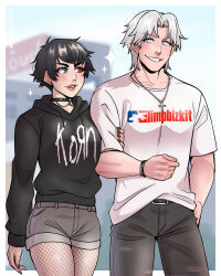  1boy 1girl absurdres black_hair black_nails black_pants blue_eyes dangerousbride dante_(devil_may_cry) devil_may_cry_(netflix) devil_may_cry_(series) earrings fishnet_pantyhose fishnets green_eyes heterochromia highres jewelry korn_(band) lady_(devil_may_cry) limp_bizkit locked_arms nail_polish necklace pants pantyhose parted_lips red_eyes shirt shorts smile sparkle white_hair white_shirt 