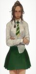  1girl absurdres brown_eyes brown_hair copyright_request cowboy_shot crossed_arms green_necktie green_skirt highres long_sleeves looking_at_viewer miniskirt mossacannibalis necktie parted_lips ponytail scar scar_across_eye school_uniform shirt simple_background skirt solo striped_necktie white_background white_shirt 