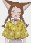 1girl animal_ear_fluff animal_ears blush bolero_(bo_le_ro66) brown_hair fang green_eyes grey_background highres long_hair mole mole_under_eye neck_ribbon open_mouth original patterned patterned_clothing ribbon shirt_tucked_in simple_background solo twintails 