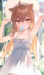  1girl absurdres ahoge animal_ears armpits bangs crossed_bangs dress extra_ears food hat highres indie_virtual_youtuber lion_ears lion_girl looking_at_viewer popsicle popsicle_in_mouth rurudo_lion sleeveless sleeveless_dress solo sun_hat sundress t6_ti virtual_youtuber white_dress 