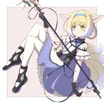  1girl animal_ear_fluff animal_ears arknights bangs bare_shoulders black_gloves blonde_hair blue_hairband braid commentary_request eyebrows_visible_through_hair fox_ears fox_girl fox_tail full_body gloves green_eyes haiqi_kmx hair_rings hairband holding holding_staff infection_monitor_(arknights) looking_at_viewer multicolored_hair multiple_tails oripathy_lesion_(arknights) pantyhose smile solo staff suzuran_(arknights) tail white_hair white_legwear 