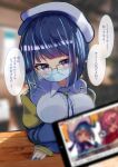  1girl blue_eyes blue_hair blue_jacket blue_nails blurry blurry_background blurry_foreground bob_cut breasts cellphone duel_monster evil_twin_lil-la glasses hat heart highres jacket large_breasts lil-la_(yu-gi-oh!) live_twin_ki-sikil live_twin_lil-la mask mouth_mask phone smartphone yaibaken yu-gi-oh! 