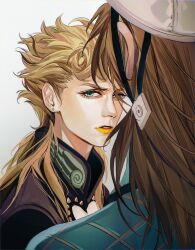  2boys absurdres argyle_clothes argyle_sweater black_jacket blonde_hair cabbage-2012 cleavage_cutout clothing_cutout diego_brando earrings film_grain from_behind giorno_giovanna green_eyes hat highres jacket jewelry jojo_no_kimyou_na_bouken long_hair looking_at_viewer male_focus multiple_boys parted_lips steel_ball_run stud_earrings sweater vento_aureo victory_rolls white_background wing_ornament yellow_lips 