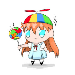  1girl blue_eyes candy food highres holding holding_candy holding_food holding_lollipop lollipop long_hair neon_genesis_evangelion propeller_hat red_hair simple_background skirt smile solo souryuu_asuka_langley 