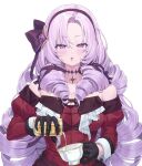  1girl absurdres breasts can choker cup curly_hair detached_sleeves dress gloves hair_ornament highres hyakumantenbara_salome long_sleeves looking_at_viewer nijisanji open_mouth p00nipooni pouring purple_hair red_dress solo tattoo violet_eyes virtual_youtuber white_background 