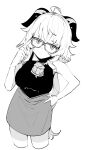  1girl absurdres adjusting_eyewear ahoge bangs bare_arms bare_shoulders bell breasts ddari ganyu_(genshin_impact) genshin_impact glasses highres horns long_hair looking_at_viewer medium_breasts monochrome neck_bell pencil_skirt sidelocks skirt solo white_background 