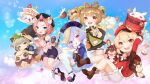  5girls :d absurdres ahoge animal_ears animal_hood aqua_eyes armguards arms_up ass backpack bag bangs bangs_pinned_back baron_bunny_(genshin_impact) basket bead_necklace beads bell black_shorts bloom blunt_bangs blush boots braid brown_footwear brown_gloves brown_hair brown_scarf cabbie_hat cameo cape cat_ears cat_girl cat_tail chinese_clothes clover_print coat cocktail_shaker coin_hair_ornament commentary_request daruma_doll detached_sleeves diona_(genshin_impact) dodoco_(genshin_impact) eyebrows_visible_through_hair eyes_visible_through_hair fake_animal_ears forehead genshin_impact gloves grey_hair guoba_(genshin_impact) hair_bell hair_between_eyes hair_ornament hat hat_feather hat_ornament highres hood japanese_clothes jewelry jiangshi jumpy_dumpty klee_(genshin_impact) knee_boots kneehighs leaf leaf_on_head lifting light_brown_hair long_hair long_sleeves looking_at_viewer low_ponytail low_twintails mengxin_huazha midriff muji-muji_daruma_(genshin_impact) multiple_girls navel necklace ninja obi ofuda orange_eyes paimon_(genshin_impact) pink_hair pocket pointy_ears puffy_detached_sleeves puffy_shorts puffy_sleeves purple_shorts qing_guanmao qiqi_(genshin_impact) raccoon_ears raccoon_hood randoseru red_coat red_headwear red_panda sash sayu_(genshin_impact) scarf short_hair short_shorts short_sleeves shorts sidelocks single_braid slime_(genshin_impact) smile stuffed_animal stuffed_bunny stuffed_toy tail thick_eyebrows twin_braids twintails v violet_eyes vision_(genshin_impact) white_gloves white_legwear white_shorts yaoyao_(genshin_impact) 