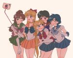  5girls bishoujo_senshi_sailor_moon blonde_hair blue_bow blue_hair blue_skirt blush bow brown_hair cellphone closed_eyes closed_mouth green_skirt highres kitakugoneru looking_at_another magical_girl multiple_girls one_eye_closed open_mouth orange_skirt phone pink_bow purple_bow red_bow sailor_jupiter sailor_mars sailor_mercury sailor_moon sailor_venus selfie_stick short_hair simple_background skirt smile taking_picture v 