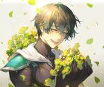  1boy armor black_bodysuit black_gloves bodysuit brown_hair clover crazy_raccoon four-leaf_clover gloves leaf looking_down male_focus nagy_(cindy32ok123) open_hands open_mouth shoulder_armor smile solo yellow_eyes zeder 