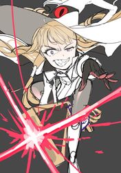  1girl blonde_hair collared_shirt eitri_(fire_emblem) fire_emblem fire_emblem_heroes gloves hat incoming_attack long_hair outstretched_arm sharp_teeth shirt smile teeth very_long_hair witch_hat yellow_eyes yukimiyuki 