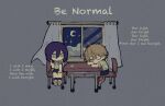  1boy 1girl bangs black_pants chainsaw_man chair chalk chibi clouds collared_shirt crescent_moon curtains denji_(chainsaw_man) desk green_eyes hair_between_eyes hand_on_own_knee highres long_bangs looking_at_another moon night no_mouth one_eye_closed pants purple_hair reze_(chainsaw_man) school school_chair school_desk shirt short_hair shorts sidelocks sitting sleeping sleeping_with_eyes_open sleeves_rolled_up star_(sky) ttt75966067 white_shirt window 