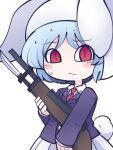  1girl animal_ears black_jacket blue_hair blush_stickers closed_mouth collared_shirt eyebrows_visible_through_hair fried_rice0614 gun highres holding holding_gun holding_weapon jacket long_sleeves necktie one-hour_drawing_challenge pleated_skirt rabbit_ears rabbit_tail red_eyes red_necktie reisen_(touhou_bougetsushou) shirt short_hair simple_background skirt solo tail touhou upper_body weapon white_background white_shirt white_skirt 