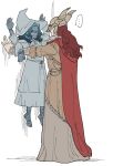  2girls armor barefoot blue_eyes blue_hair blue_skin boned-woo cape cloak closed_mouth colored_skin covered_eyes cracked_skin dress elden_ring extra_arms extra_faces family fur_cloak hat helmet highres holding how_to_talk_to_short_people_(meme) joints long_hair malenia_blade_of_miquella mechanical_arms meme multiple_girls one_eye_closed prosthesis prosthetic_arm prosthetic_leg ranni_the_witch red_cape redhead siblings simple_background single_mechanical_arm sisters very_long_hair weapon white_headwear winged_helmet witch_hat 