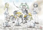  6+girls amaretto_(girls_und_panzer) anchovy_(girls_und_panzer) angry anzio_school_uniform artist_name asymmetrical_bangs bangs belt beret black_belt black_cape black_footwear black_hair black_headwear black_necktie black_ribbon black_skirt blonde_hair blush braid brown_eyes brown_hair cape carpaccio_(girls_und_panzer) closed_eyes closed_mouth dated day dress_shirt drill_hair ducati ducati_450_desmo embarrassed emblem eyebrows_visible_through_hair frown gelato_(girls_und_panzer) girls_und_panzer glaring green_hair hair_ornament hair_ribbon hairclip hat head_rest highres kubota_shinji loafers long_hair long_sleeves looking_at_viewer medium_hair miniskirt multicolored_background multiple_girls necktie open_mouth outdoors panettone_(girls_und_panzer) pantyhose pepperoni_(girls_und_panzer) pleated_skirt red_eyes ribbon riding riding_crop road school_uniform shirt shoes short_hair side_braid signature skirt smile squatting standing street twin_drills twintails v-shaped_eyebrows v_arms watermark white_legwear white_shirt 
