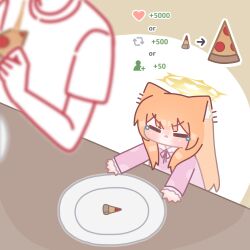  1boy 1girl absurdres animal_ear_fluff animal_ears blue_archive blunt_bangs blurry blush brown_background chibi closed_mouth food halo highres holding holding_food horuhara light_frown like_and_retweet long_hair long_sleeves mari_(blue_archive) neck_ribbon no_nose orange_hair pajamas panties pepperoni pepperoni_pizza pink_pajamas pizza plate polka_dot polka_dot_panties ribbon shirt short_sleeves solo_focus underwear upper_body yellow_halo 