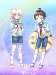  2boys ahoge alternate_costume bandaged_leg bandages bandaid bandaid_on_cheek bandaid_on_face bandaid_on_leg bangs blue_sailor_collar blue_shorts blush brown_hair child closed_mouth commentary_request danganronpa_(series) danganronpa_2:_goodbye_despair frown full_body grey_hair hair_ornament hairclip highres hinata_hajime holding innertube kneehighs komaeda_nagito looking_at_viewer male_focus messy_hair multicolored_background multiple_boys necktie red_necktie sailor_collar shoes short_sleeves shorts smile socks standing younger zui_nianshao 