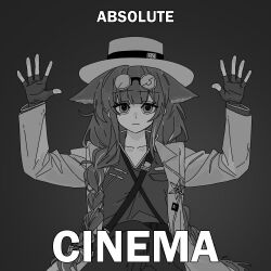  1girl absolute_cinema_(meme) animal_ears arknights braid breast_pocket cat_ears cat_girl closed_mouth collarbone dot_nose ears_down english_text eyewear_on_head figure_four_sitting fingerless_gloves frown gloves greyscale hands_up hat impact_(font) jessica_(arknights) jessica_the_liberated_(arknights) jessica_the_liberated_(ride_to_davistown)_(arknights) long_hair long_sleeves looking_at_viewer meme monochrome open_clothes open_shirt pocket simple_background single_braid sitting upper_body xity 