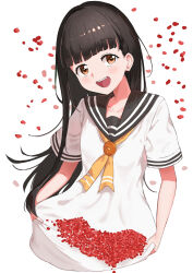  1girl absurdres black_hair blunt_bangs blush brown_eyes brown_serafuku dress highres jyuunen-kun long_hair looking_at_viewer make_heroine_ga_oo_sugiru! neckerchief nukumizu_kaju open_mouth petals sailor_dress school_uniform serafuku short_sleeves simple_background smile solo summer_uniform upper_body white_background white_dress yellow_neckerchief 