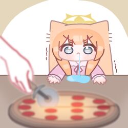  1girl absurdres animal_ears blue_archive blunt_bangs blurry blurry_foreground blush brown_background chibi closed_mouth drooling food halo highres horuhara light_frown long_hair long_sleeves mari_(blue_archive) neck_ribbon no_nose orange_hair pajamas pepperoni pepperoni_pizza pink_pajamas pizza pizza_cutter polka_dot polka_dot_pajamas ribbon saliva saliva_pool solo_focus v-shaped_eyebrows white_background yellow_halo 