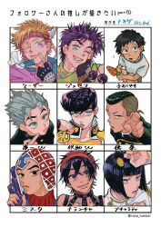  6+boys absurdres aqua_eyes argyle_clothes argyle_hat black_eyes black_hair black_jacket blonde_hair blue_eyes bob_cut bruno_bucciarati caesar_anthonio_zeppeli character_chart character_request child facial_mark fingerless_gloves gakuran gloves green_eyes green_scarf grey_eyes grey_hair grin guido_mista gun hair_ornament hair_slicked_back hairband hairclip hand_on_own_head hand_on_own_shoulder headband higashikata_josuke highres hirose_koichi holding holding_weapon jacket jojo_no_kimyou_na_bouken joseph_joestar low_ponytail messy_hair multiple_boys narancia_ghirga nijimura_okuyasu one_eye_closed pointing pompadour ponytail raised_eyebrow scarf school_uniform shirt short_hair short_ponytail smile spiky_hair t_0nd violet_eyes weapon white_jacket wing_hair_ornament yellow_shirt 