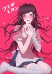  1girl :d apron bandaged_leg bandages bandaid bandaid_on_knee bandaid_on_leg bangs blush collared_shirt commentary_request danganronpa_(series) danganronpa_2:_goodbye_despair hands_up highres long_hair messy_hair miniskirt own_hands_together pink_background pink_shirt pleated_skirt puffy_short_sleeves puffy_sleeves red_eyes shirt shoes short_sleeves skirt smile solo sparkle sweat teeth translation_request tsumiki_mikan upper_teeth white_apron white_footwear wonchul 