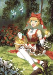  apple apron babykatafan basket blonde_hair blue_eyes demon_(megami_tensei) dress elbow_gloves food frills fruit gloves golden_apple highres idunn_(megami_tensei) looking_at_viewer pixie_(megami_tensei) shin_megami_tensei shin_megami_tensei_v shin_megami_tensei_v:_vengeance short_hair smile thigh-highs 