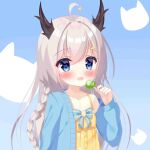  1girl :o ahoge blue_background blue_eyes candy character_request copyright_request dot_nose fengshen_chino food holding solo tagme white_hair 